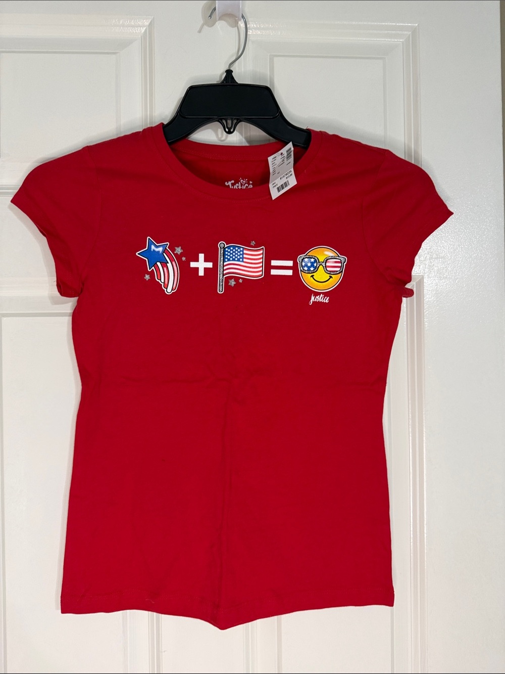 Justice Red Short Sleeve Tee with Patriotic Emoji Graphic
